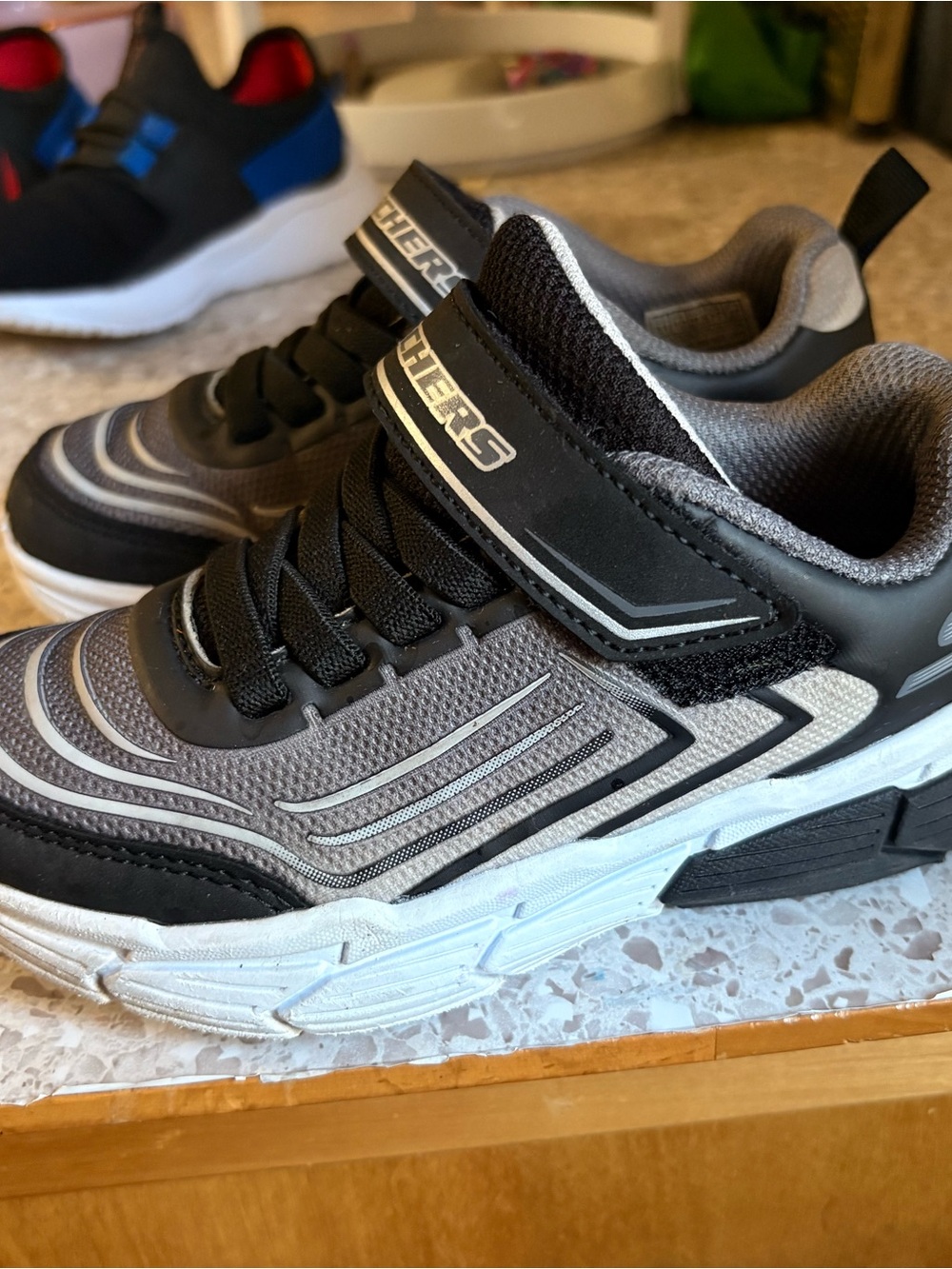 Skechers Kids Gray and Black Athletic Sneakers with Hook-and-Loop Strap